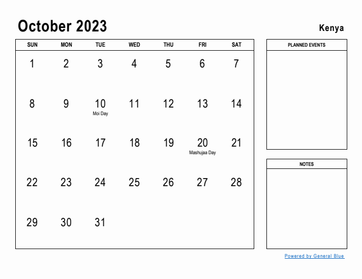 October 2023 Printable Monthly Calendar with Kenya Holidays