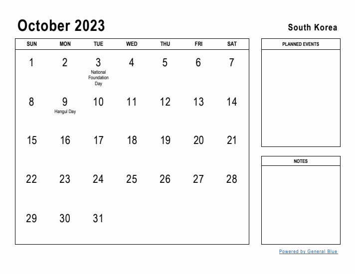 October 2023 Printable Monthly Calendar with South Korea Holidays