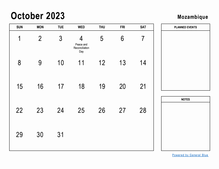 October 2023 Printable Monthly Calendar with Mozambique Holidays