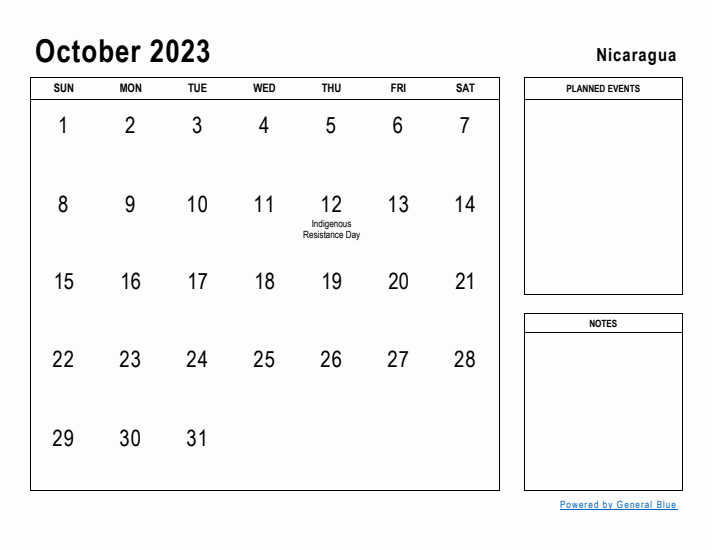 October 2023 Printable Monthly Calendar with Nicaragua Holidays