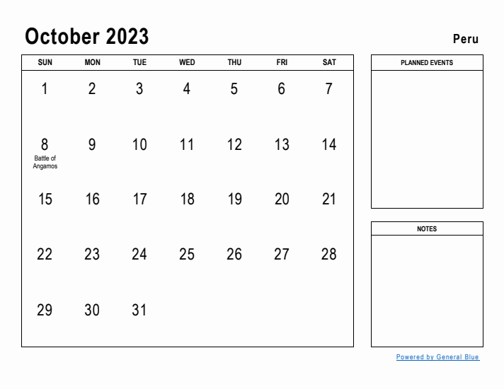 October 2023 Printable Monthly Calendar with Peru Holidays