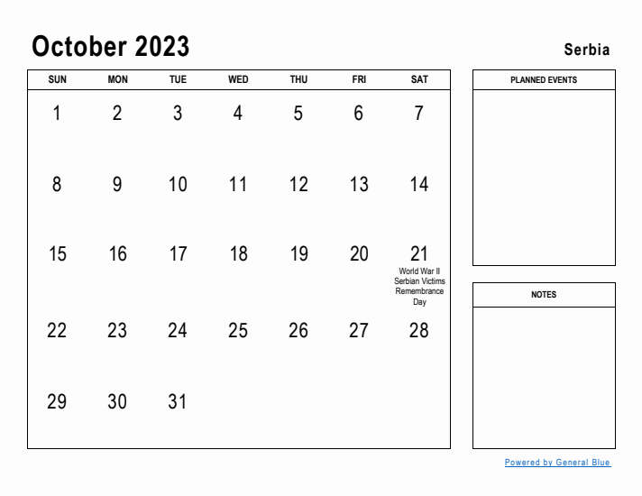 October 2023 Printable Monthly Calendar with Serbia Holidays