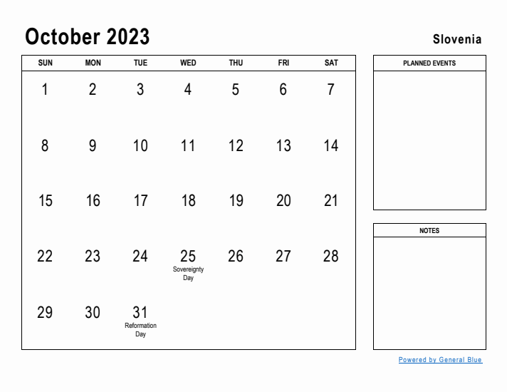 October 2023 Printable Monthly Calendar with Slovenia Holidays