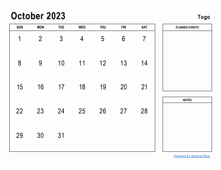 October 2023 Printable Monthly Calendar with Togo Holidays