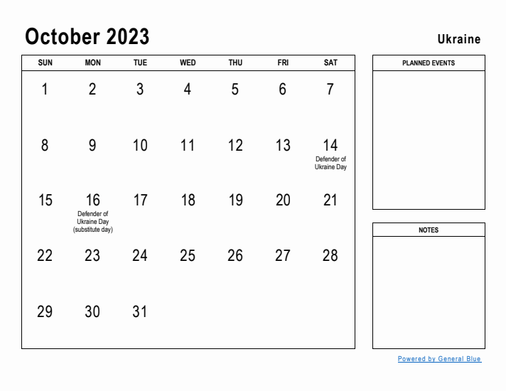 October 2023 Printable Monthly Calendar with Ukraine Holidays