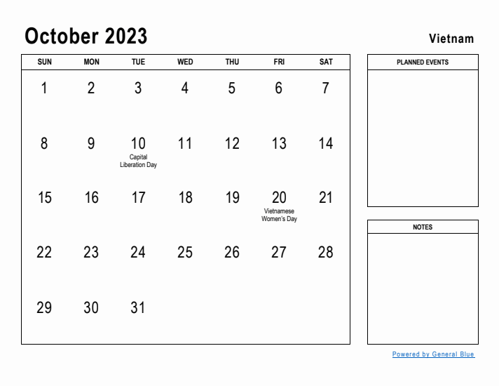 October 2023 Printable Monthly Calendar with Vietnam Holidays