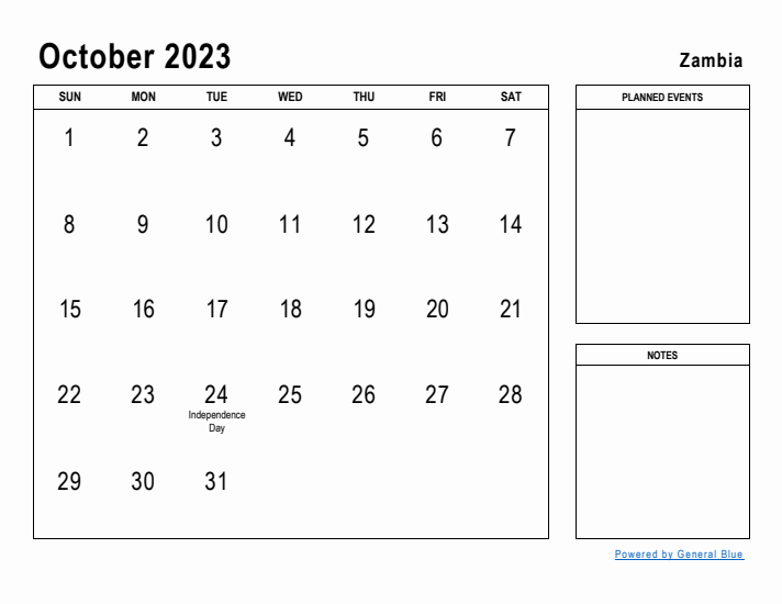 October 2023 Printable Monthly Calendar with Zambia Holidays