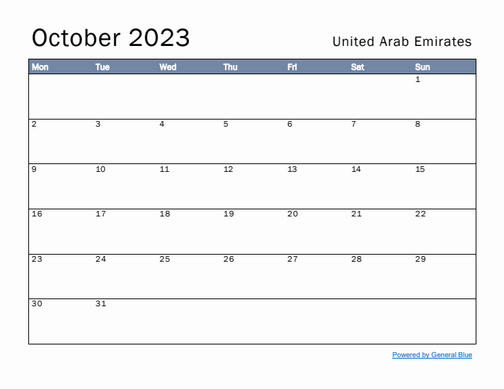 October 2023 Simple Monthly Calendar for United Arab Emirates