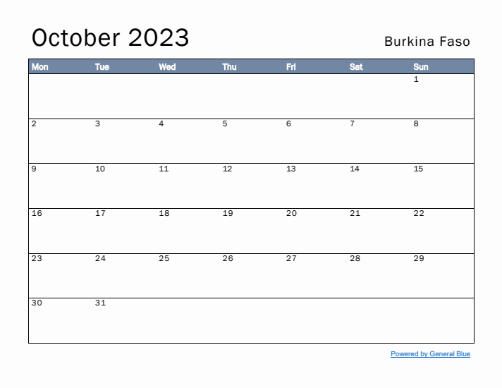 October 2023 Simple Monthly Calendar for Burkina Faso