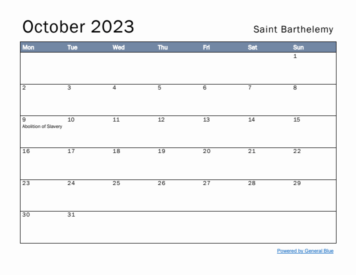 October 2023 Simple Monthly Calendar for Saint Barthelemy