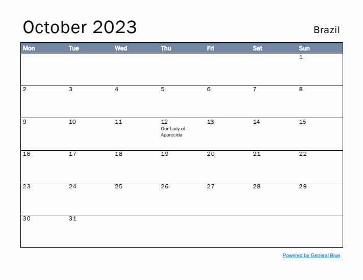 October 2023 Simple Monthly Calendar for Brazil