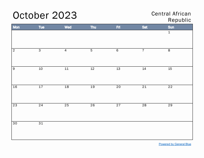 October 2023 Simple Monthly Calendar for Central African Republic