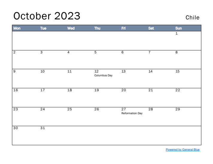 October 2023 Simple Monthly Calendar for Chile