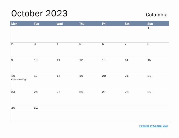 October 2023 Simple Monthly Calendar for Colombia