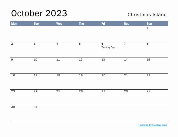 October 2023 Simple Monthly Calendar for Christmas Island