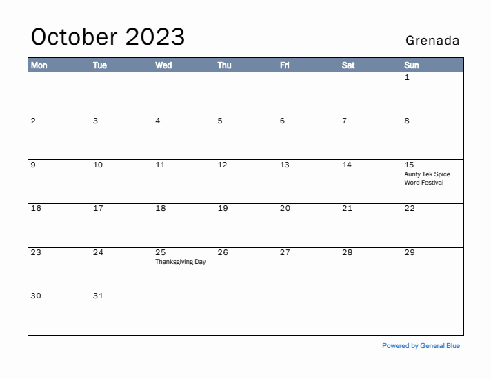 October 2023 Simple Monthly Calendar for Grenada