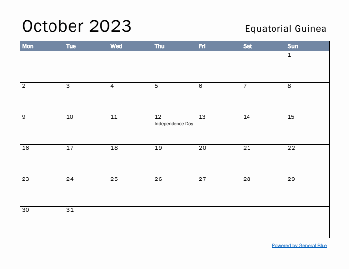 October 2023 Simple Monthly Calendar for Equatorial Guinea