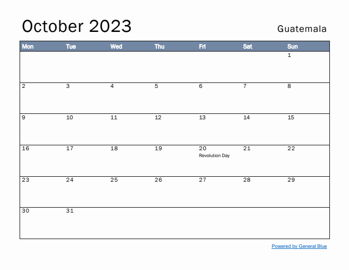 October 2023 Simple Monthly Calendar for Guatemala