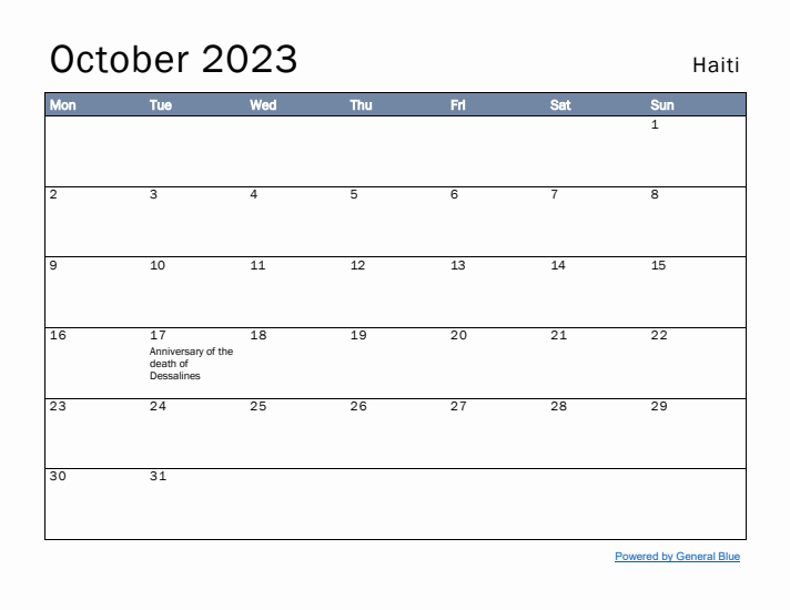 October 2023 Simple Monthly Calendar for Haiti