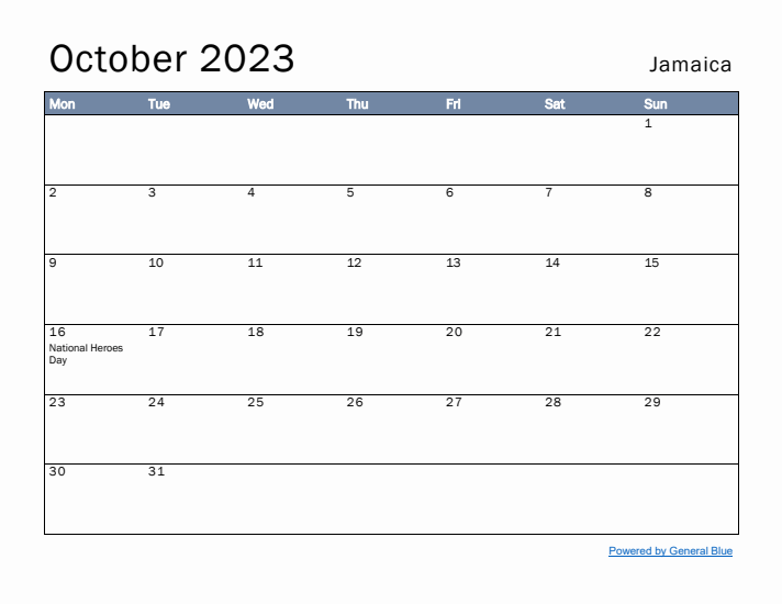 October 2023 Simple Monthly Calendar for Jamaica