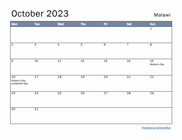 October 2023 Simple Monthly Calendar for Malawi