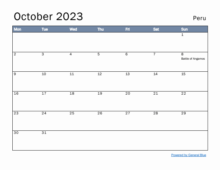 October 2023 Simple Monthly Calendar for Peru