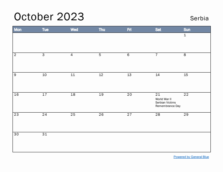 October 2023 Simple Monthly Calendar for Serbia