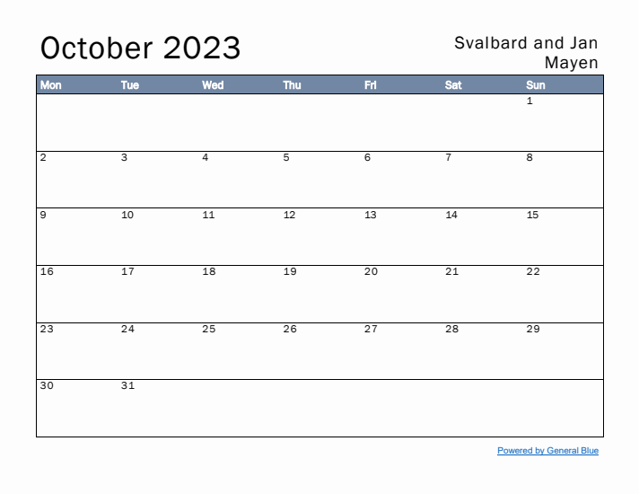 October 2023 Simple Monthly Calendar for Svalbard and Jan Mayen