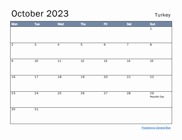 October 2023 Simple Monthly Calendar for Turkey