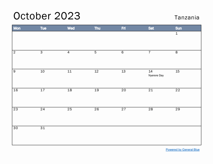 October 2023 Simple Monthly Calendar for Tanzania