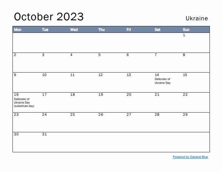 October 2023 Simple Monthly Calendar for Ukraine