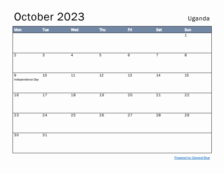 October 2023 Simple Monthly Calendar for Uganda