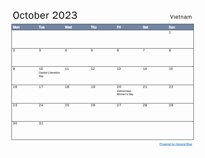 October 2023 Simple Monthly Calendar for Vietnam