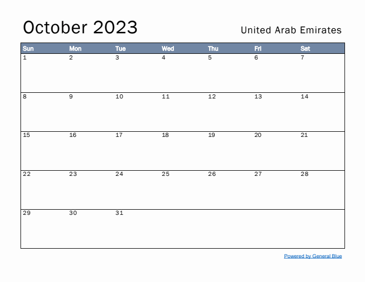 October 2023 Simple Monthly Calendar for United Arab Emirates