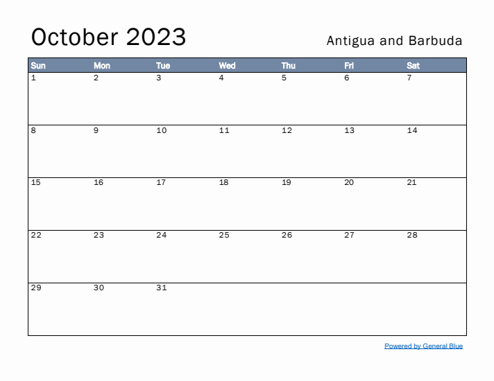 October 2023 Simple Monthly Calendar for Antigua and Barbuda