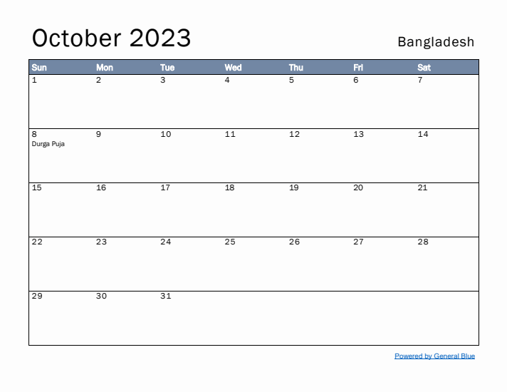 October 2023 Simple Monthly Calendar for Bangladesh