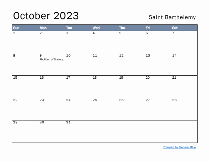 October 2023 Simple Monthly Calendar for Saint Barthelemy