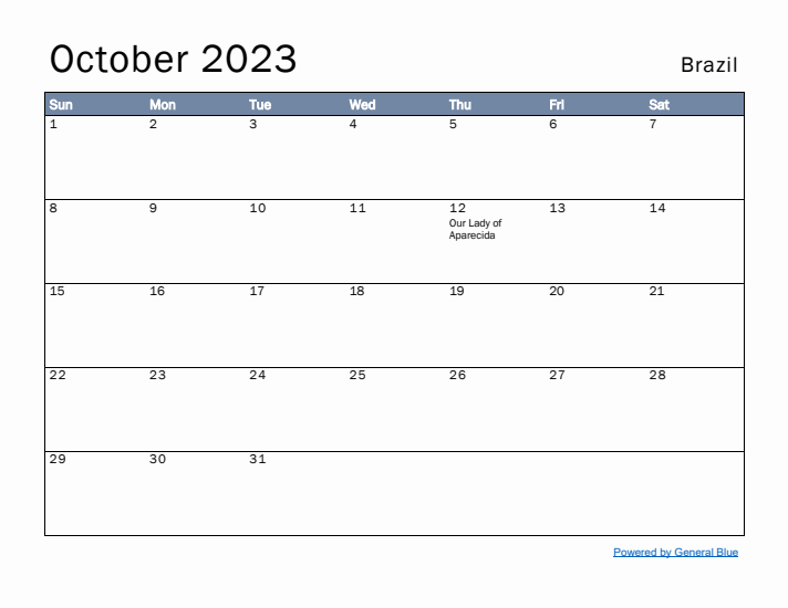 October 2023 Simple Monthly Calendar for Brazil