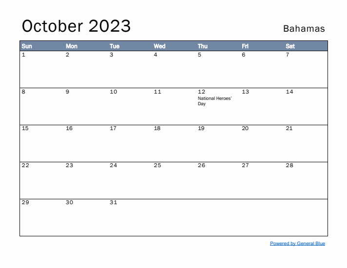 October 2023 Simple Monthly Calendar for Bahamas