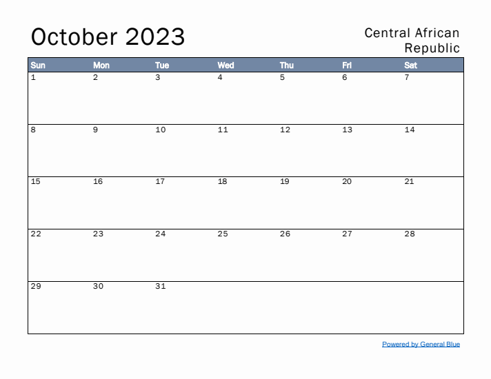 October 2023 Simple Monthly Calendar for Central African Republic