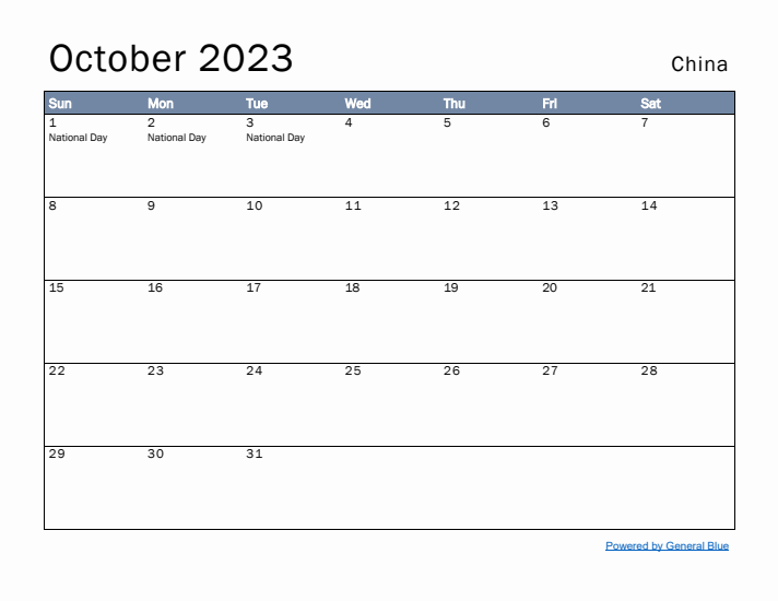 October 2023 Simple Monthly Calendar for China