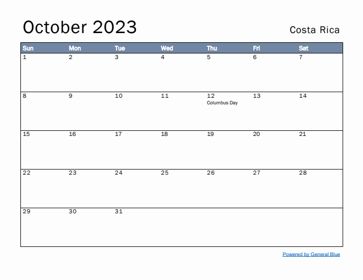 October 2023 Simple Monthly Calendar for Costa Rica