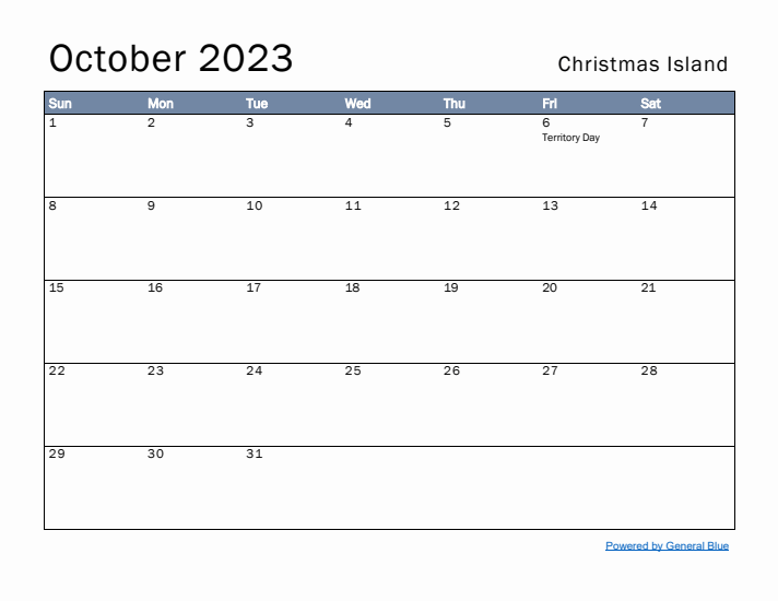 October 2023 Simple Monthly Calendar for Christmas Island