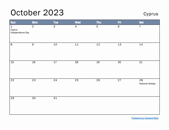 October 2023 Simple Monthly Calendar for Cyprus