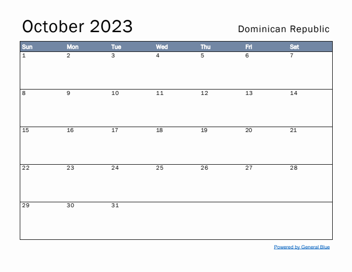 October 2023 Simple Monthly Calendar for Dominican Republic