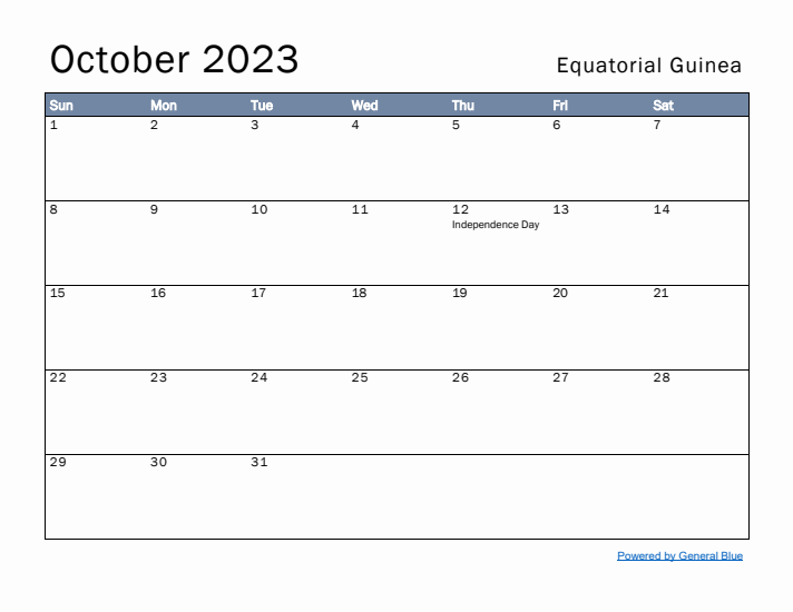 October 2023 Simple Monthly Calendar for Equatorial Guinea