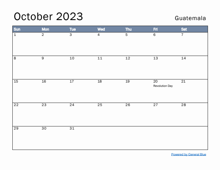 October 2023 Simple Monthly Calendar for Guatemala