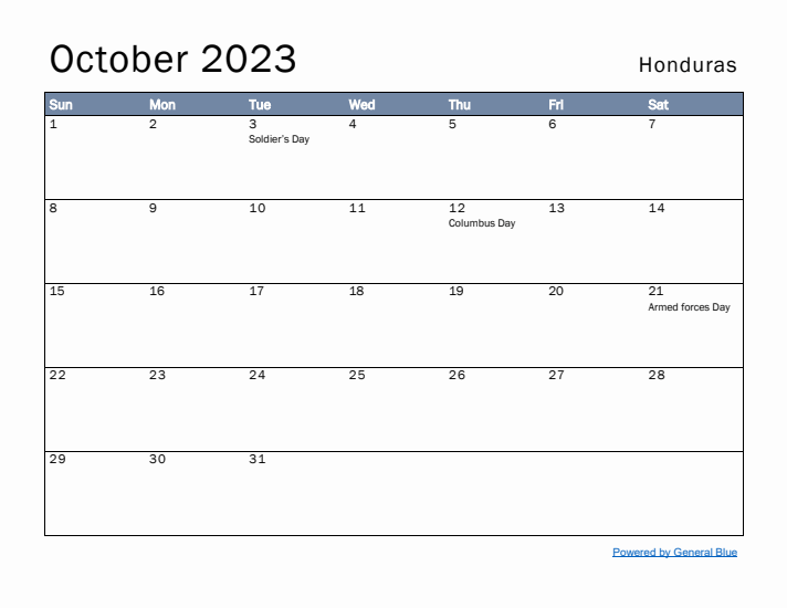 October 2023 Simple Monthly Calendar for Honduras