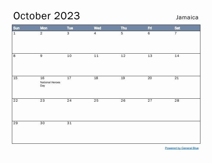 October 2023 Simple Monthly Calendar for Jamaica