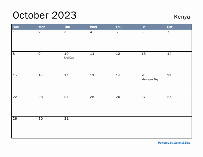 October 2023 Simple Monthly Calendar for Kenya